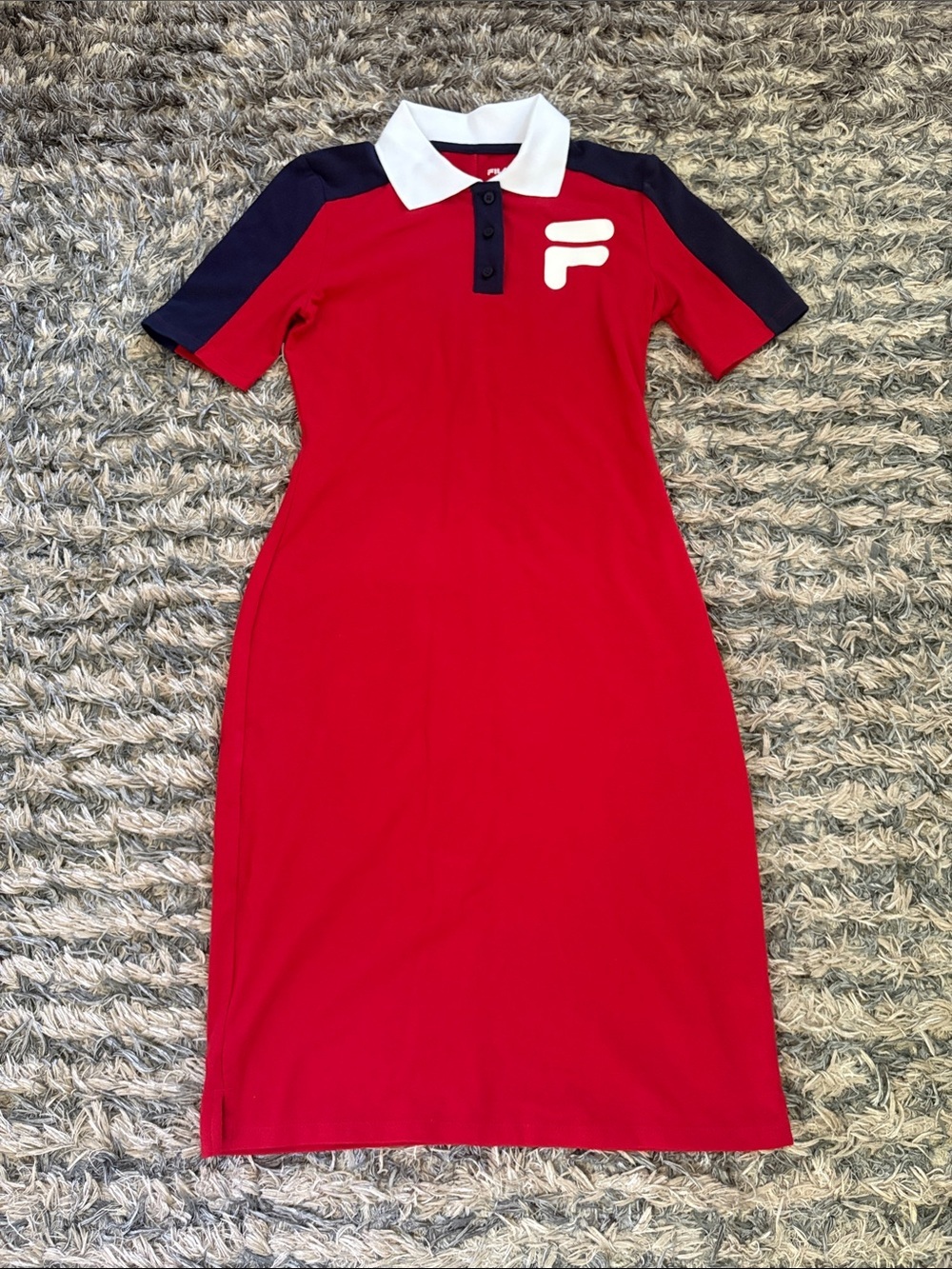 New! Fila Red Polo Cotton Blend Midi Dress with Navy Sleeves and White Collar XS